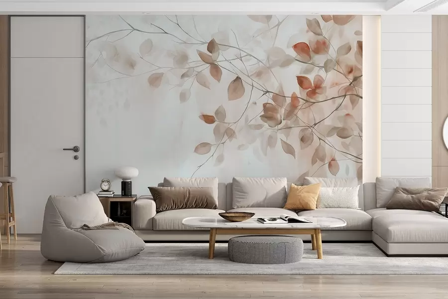 murais de parede Pintura em aquarela com textura que imita folhas e galhos marrons, cores suaves, detalhes delicados em um fundo branco w09133