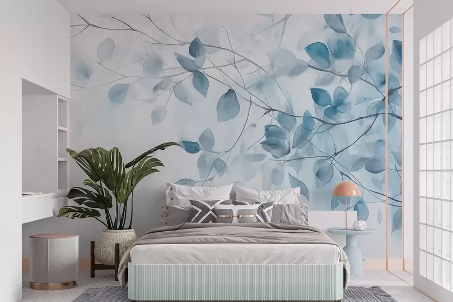 murais de parede Pintura em aquarela com textura que imita folhas e galhos azuis, cores suaves, detalhes delicados em um fundo branco w09133v1