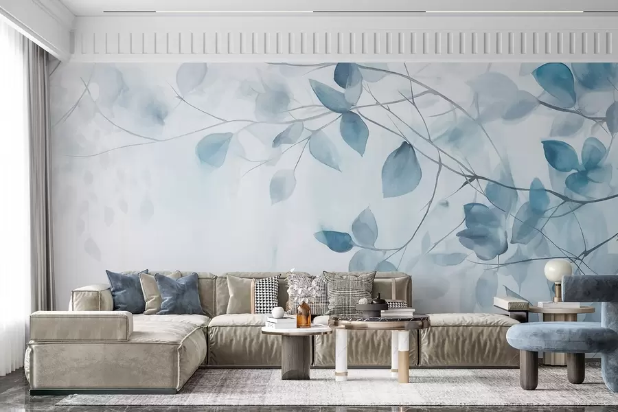 murais de parede Pintura em aquarela com textura que imita folhas e galhos azuis, cores suaves, detalhes delicados em um fundo branco w09133v1