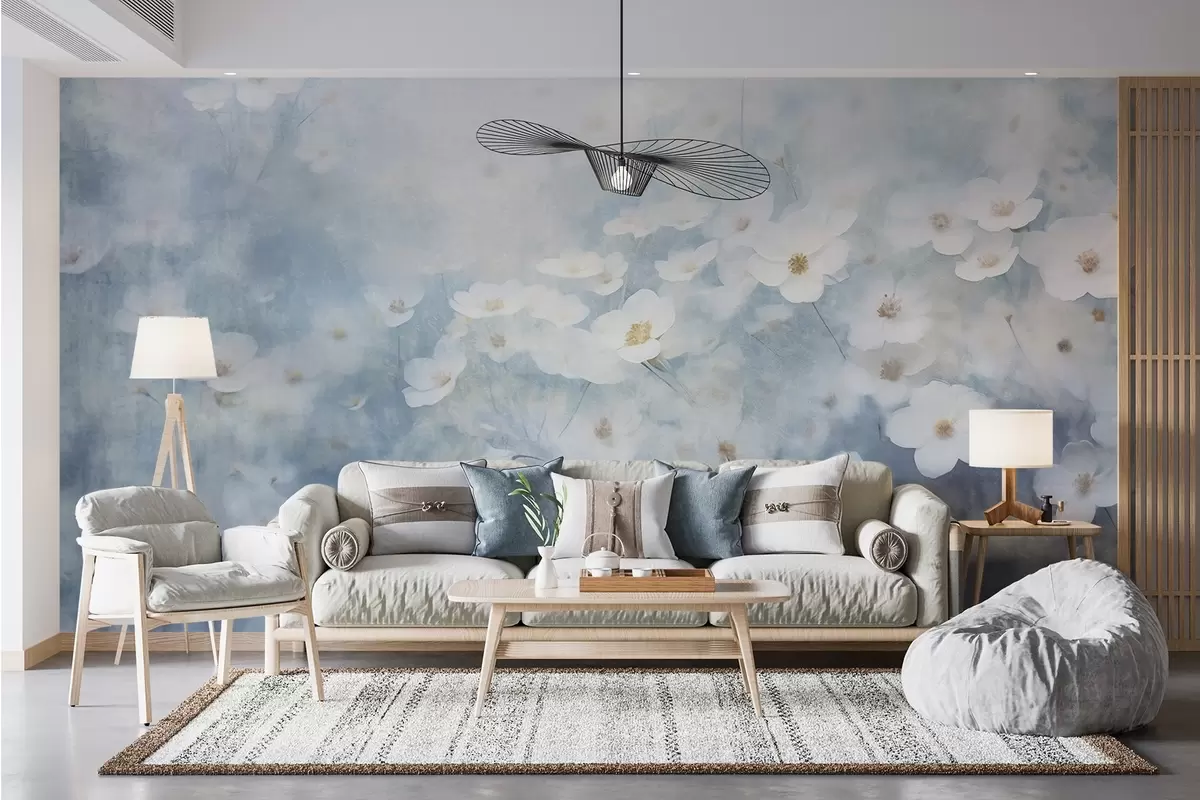 murais de parede Campo textural de flores de anêmona branca, foco suave, atmosfera sonhadora, paleta de cores azul-claro e branco, prado de primavera w09134