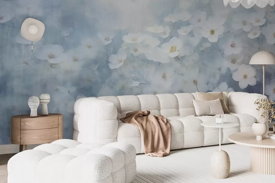 murais de parede Campo textural de flores de anêmona branca, foco suave, atmosfera sonhadora, paleta de cores azul-claro e branco, prado de primavera w09134
