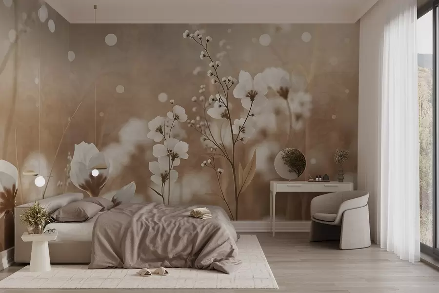 murais de parede Flores brancas com caules e folhas marrons em um campo, efeito bokeh, paleta de cores quentes, obra de arte elegante inspirada na natureza w09135