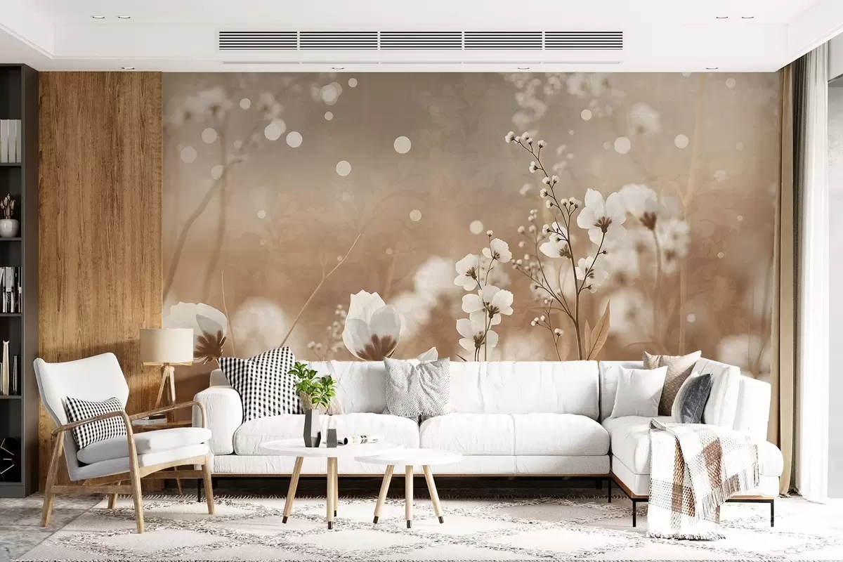 murais de parede Flores brancas com caules e folhas marrons em um campo, efeito bokeh, paleta de cores quentes, obra de arte elegante inspirada na natureza w09135