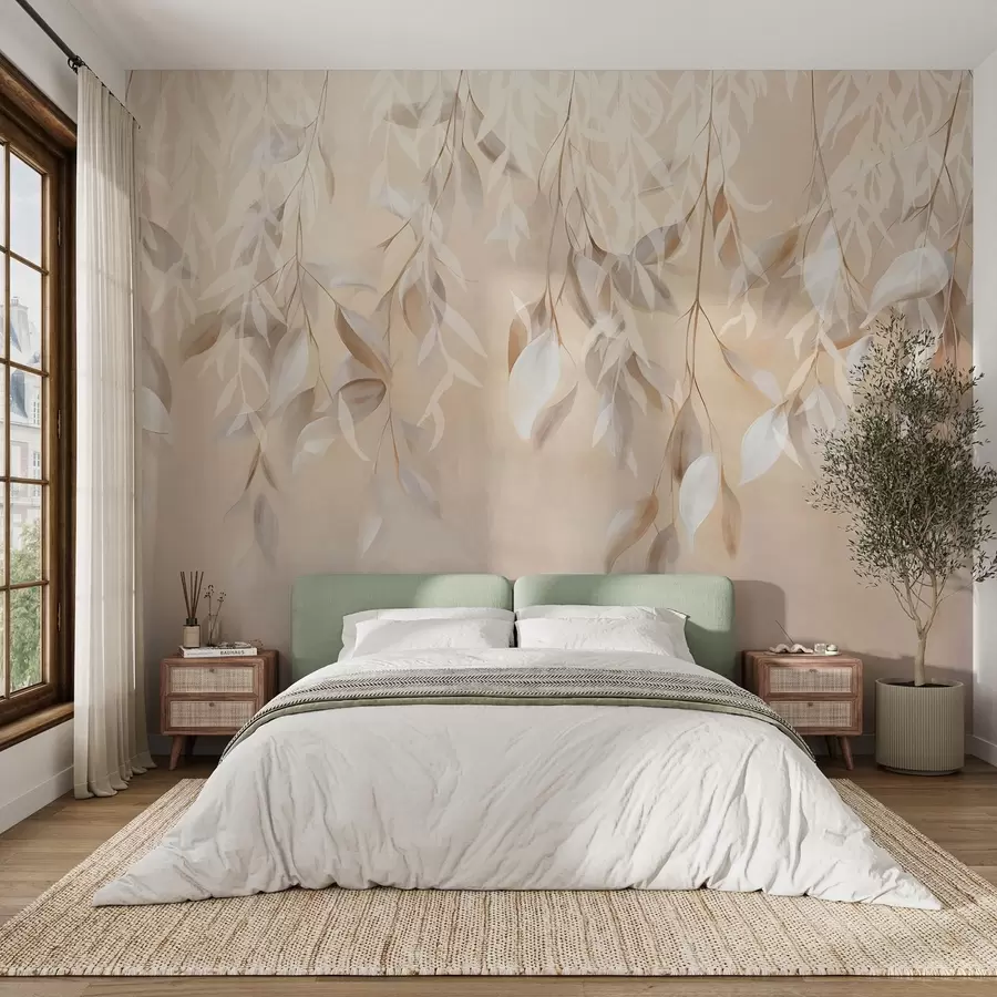 murais de parede Folhas brancas e bege texturizadas penduradas com uma paleta de cores suaves, pêssego, cinza e fundo branco delicado  w09136