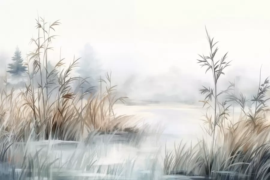 murais de parede Paisagem texturizada de um lago com grama alta em primeiro plano, azul e marrom suaves, água calma, árvores à distância w09137