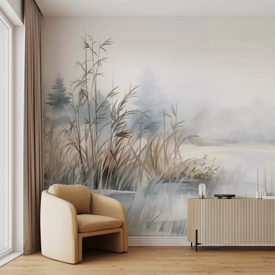 murais de parede Paisagem texturizada de um lago com grama alta em primeiro plano, azul e marrom suaves, água calma, árvores à distância w09137