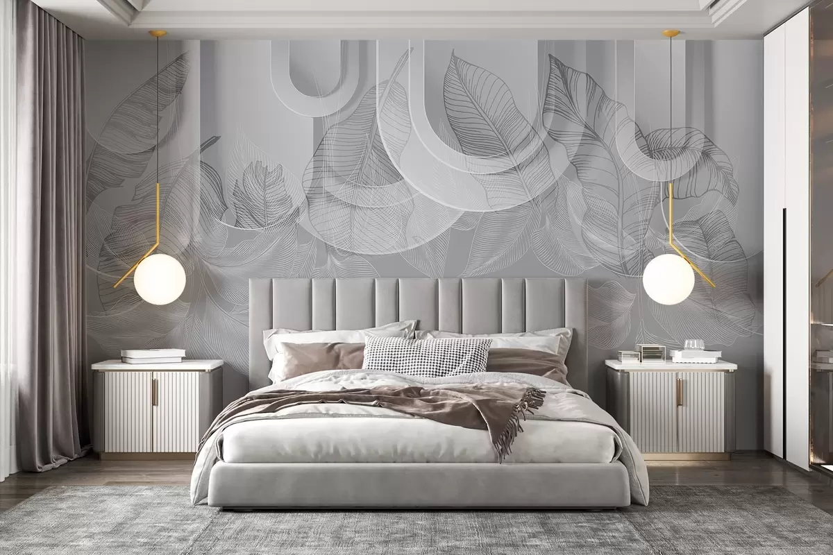 murais de parede Fundo abstrato com arcos cinza e folhas tropicais brancas, design minimalista, elegante e moderno, paleta de cores neutras w09138