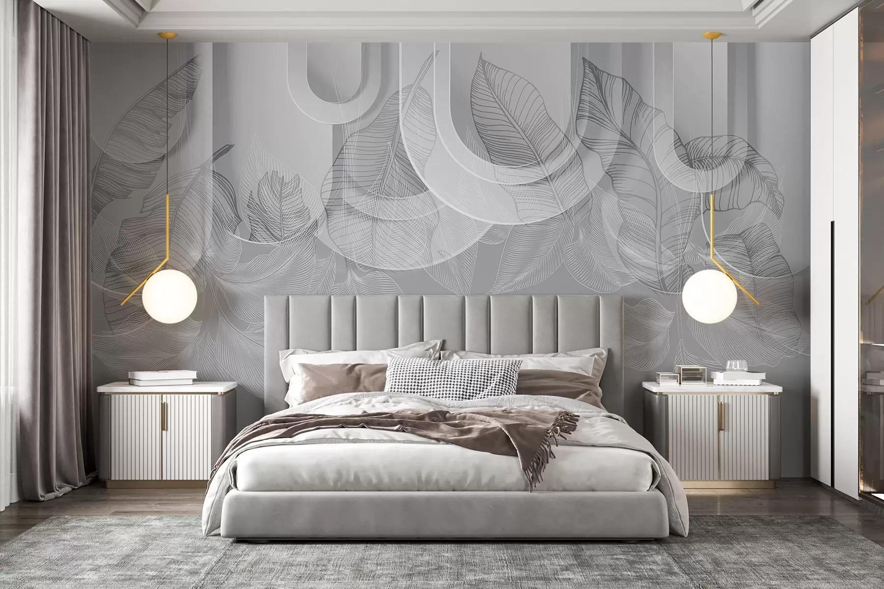 murais de parede Fundo abstrato com arcos cinza e folhas tropicais brancas, design minimalista, elegante e moderno, paleta de cores neutras w09138