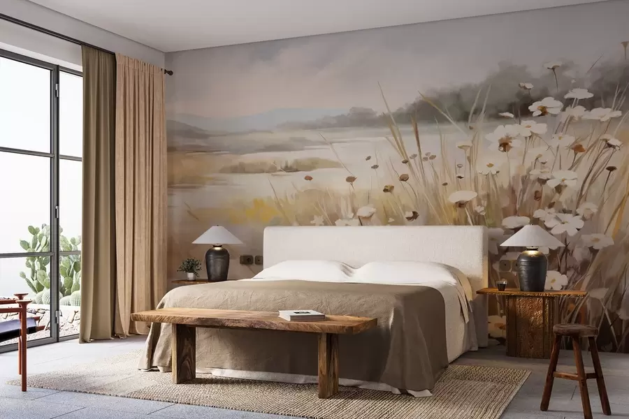 murais de parede Campo de grama alta e margaridas brancas, árvores ao fundo, sob um céu nublado, paisagem texturizada, pinceladas suaves w09139