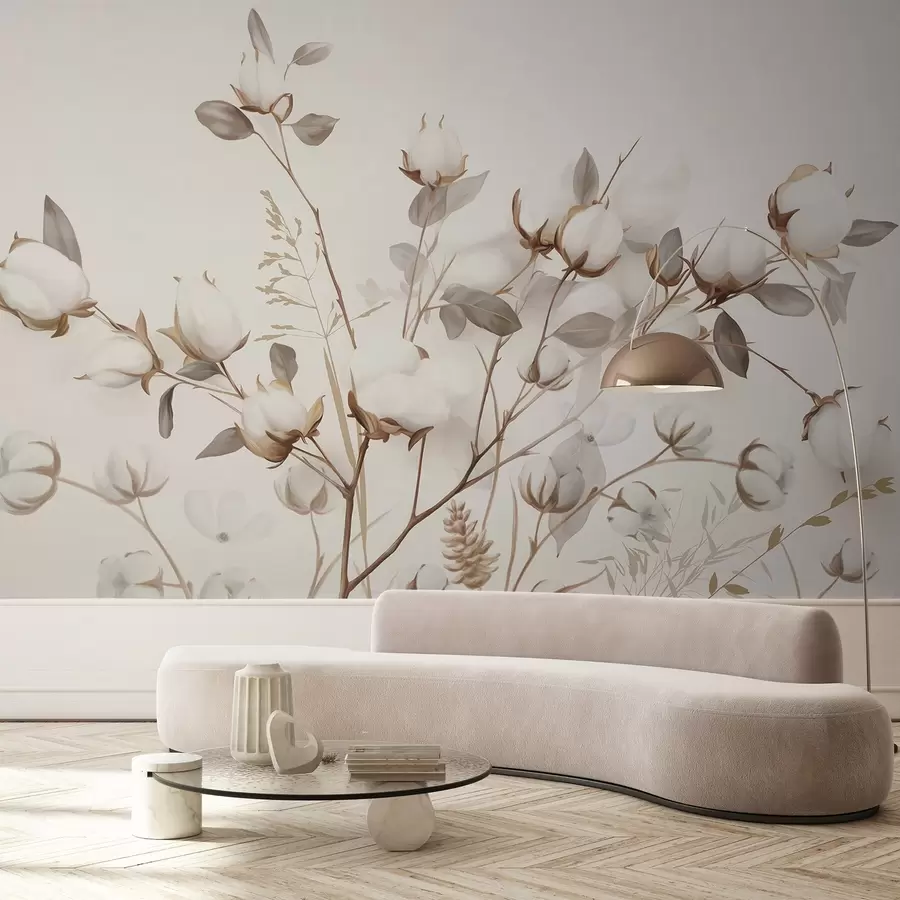 murais de parede Flores de algodão com caules e folhas em uma paleta de cores marrom-claro, fundo bege, suave e delicado, estilo aquarela w09141