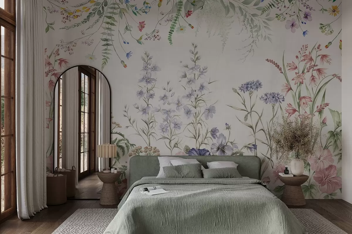 murais de parede Arranjo floral textural com flores coloridas e folhas verdes, ilustração botânica, cores pastéis suaves, estilo vintage w09143