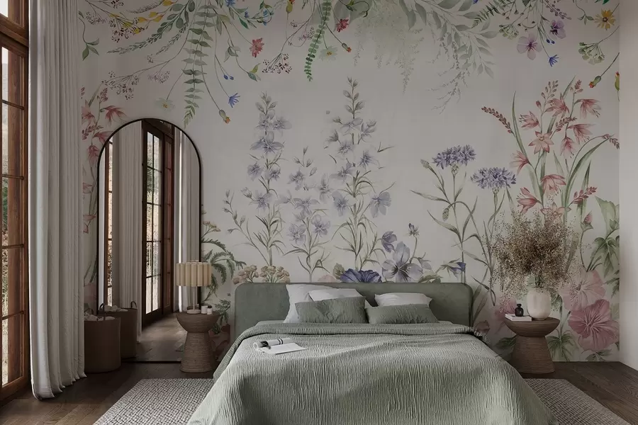 murais de parede Arranjo floral textural com flores coloridas e folhas verdes, ilustração botânica, cores pastéis suaves, estilo vintage w09143