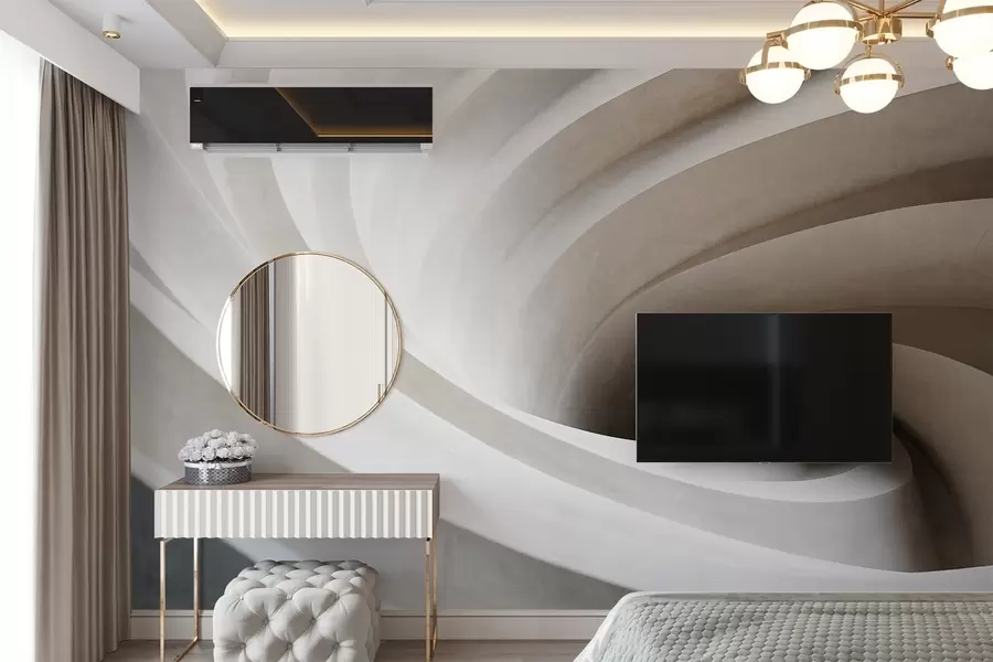 murais de parede Redemoinho abstrato texturizado de camadas brancas e bege, criando um efeito de vórtice, composição dinâmica, design moderno e minimalista w09144