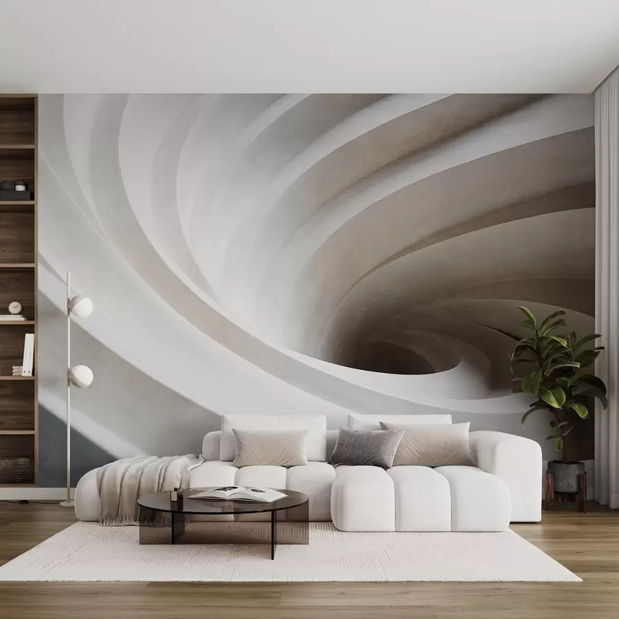 murais de parede Redemoinho abstrato texturizado de camadas brancas e bege, criando um efeito de vórtice, composição dinâmica, design moderno e minimalista w09144