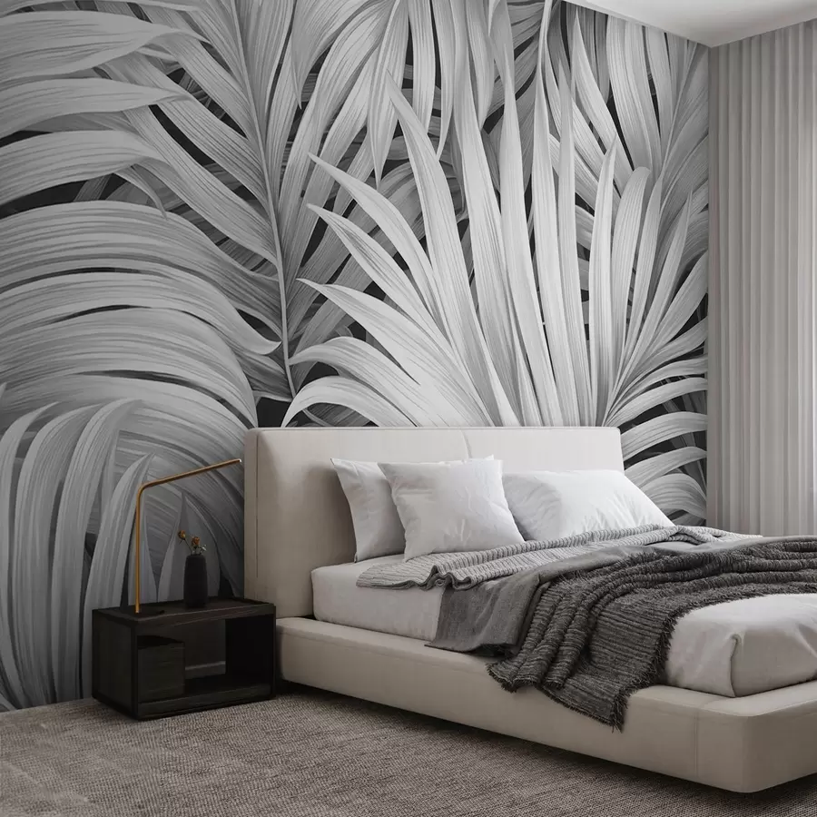 murais de parede Folhas de palmeira tropical com textura monocromática, criando uma estampa tropical e botânica w09145