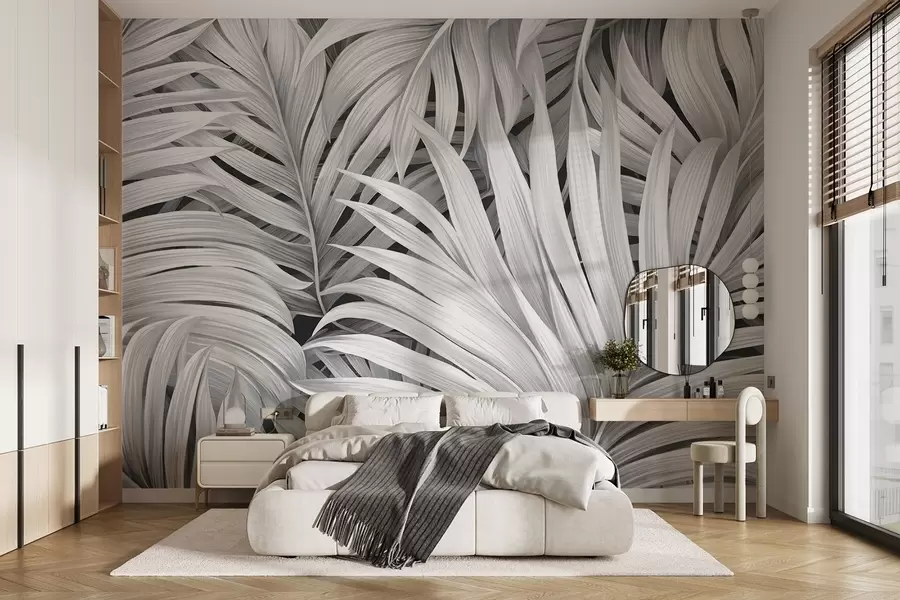murais de parede Folhas de palmeira tropical com textura monocromática, criando uma estampa tropical e botânica w09145