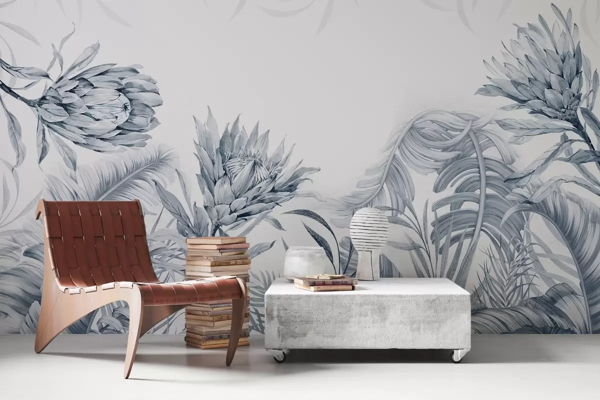 murais de parede Protea entre folhas tropicais, tons de verde w03952v2