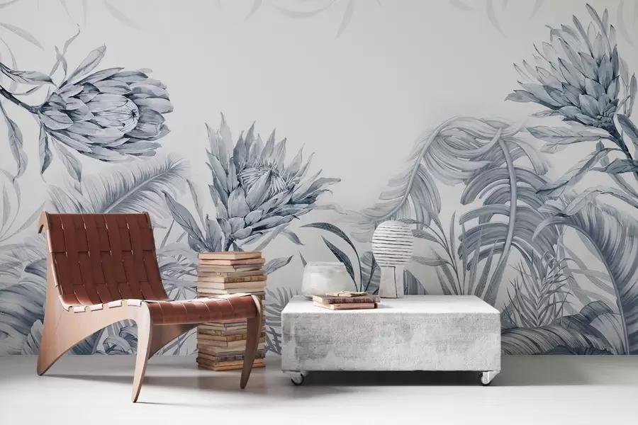 murais de parede Protea entre folhas tropicais, tons de verde w03952v2