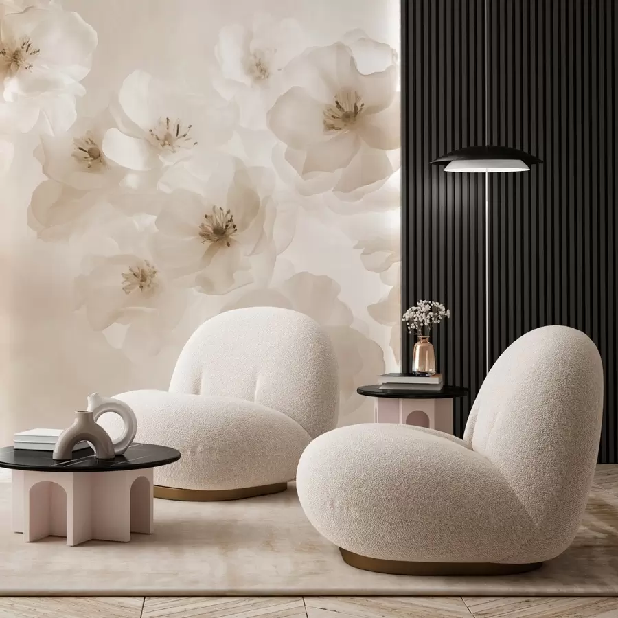 murais de parede Flores grandes e delicadas, em tons de bege w03931v2
