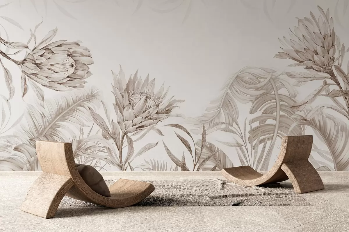 murais de parede Protea entre folhas tropicais, em tons de bege w03952