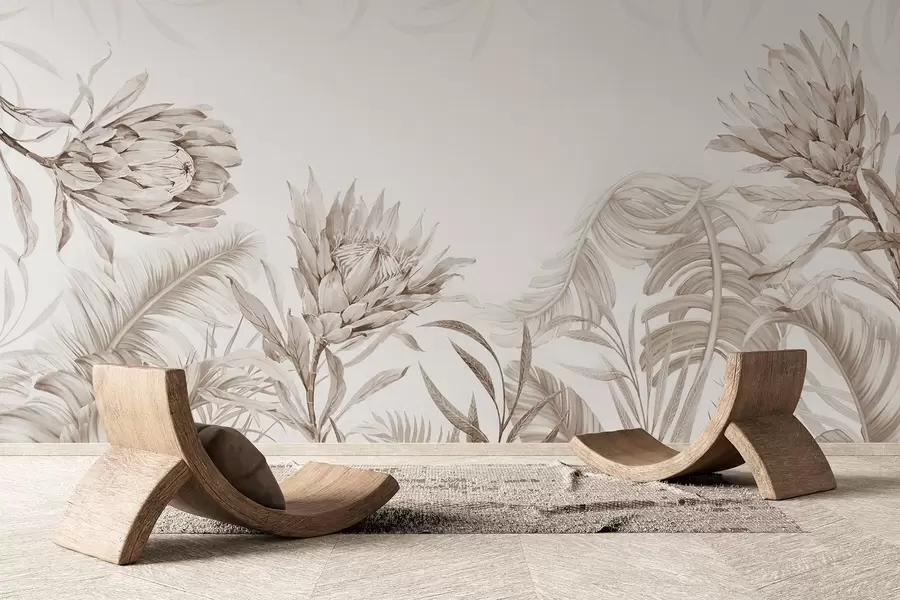 murais de parede Protea entre folhas tropicais, em tons de bege w03952