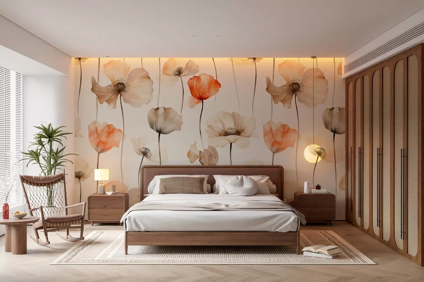 murais de parede papoulas encaracoladas em estilo aquarela w04031