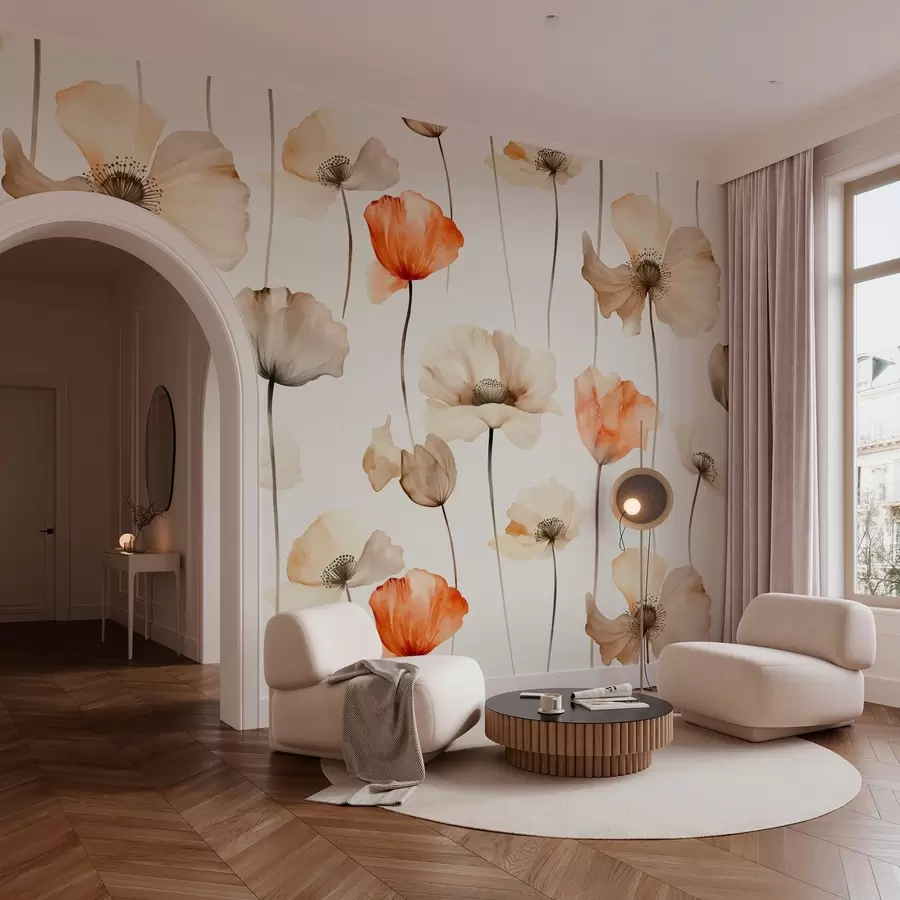 murais de parede papoulas encaracoladas em estilo aquarela w04031
