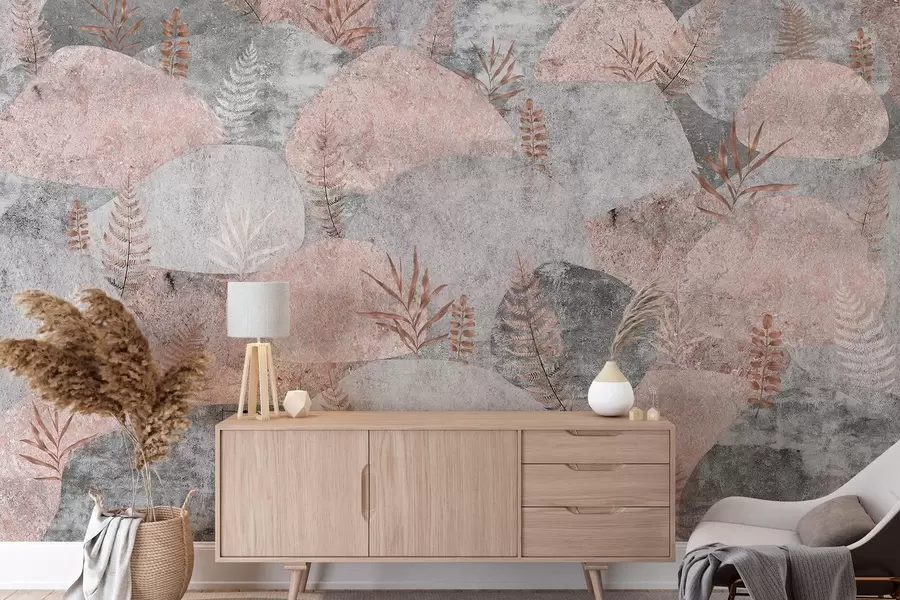 murais de parede Pedras com plantas, samambaia, estilo nórdico e rústico, cores cinza e rosa w04064v1