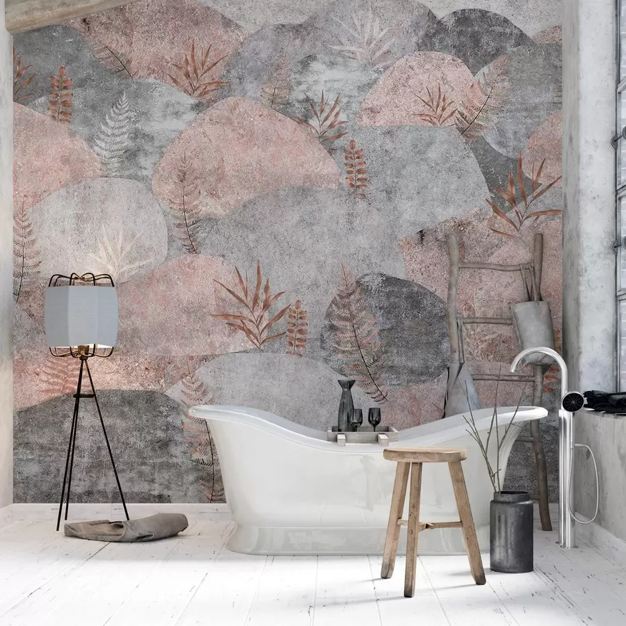 murais de parede Pedras com plantas, samambaia, estilo nórdico e rústico, cores cinza e rosa w04064v1