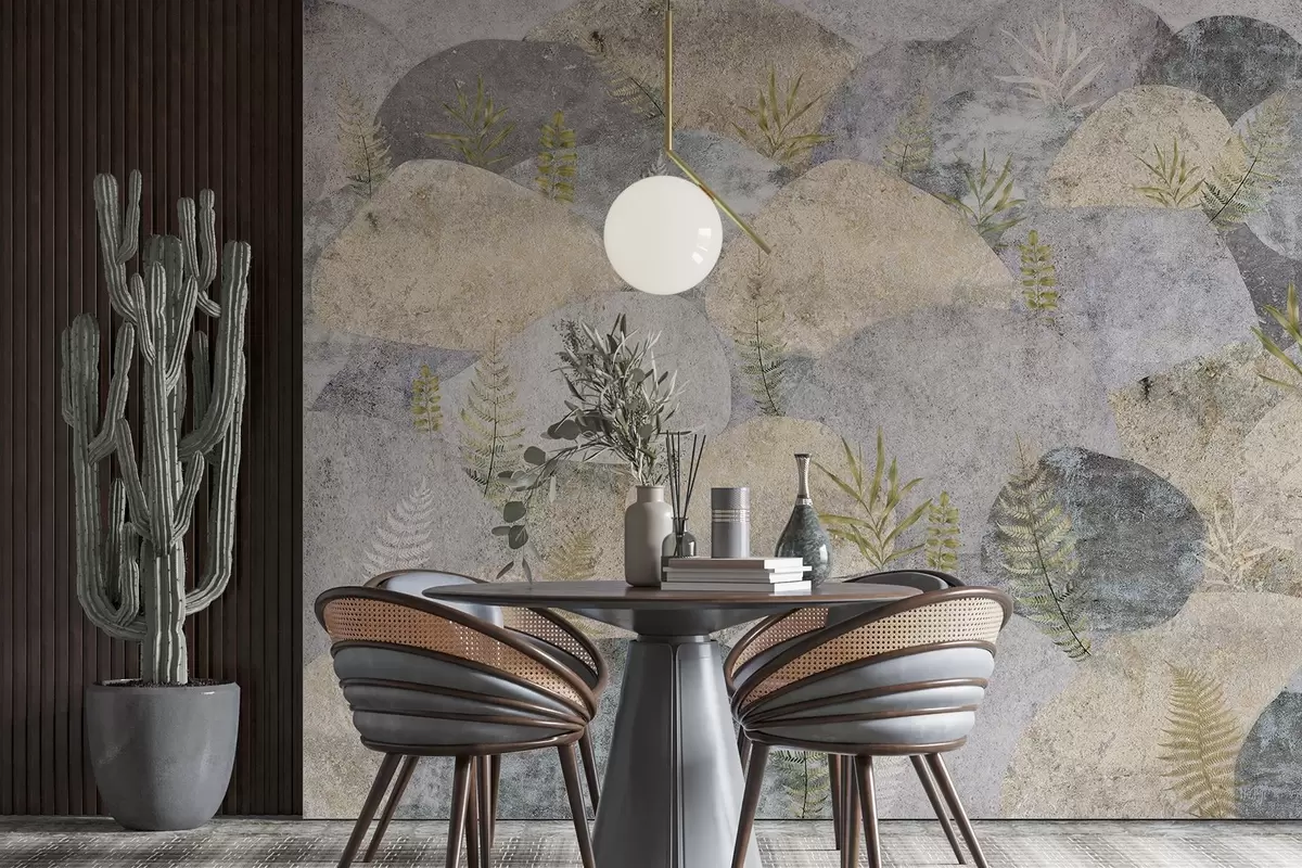 murais de parede Pedras com plantas, samambaia, estilo nórdico e rústico, cores cinza e areia w04064