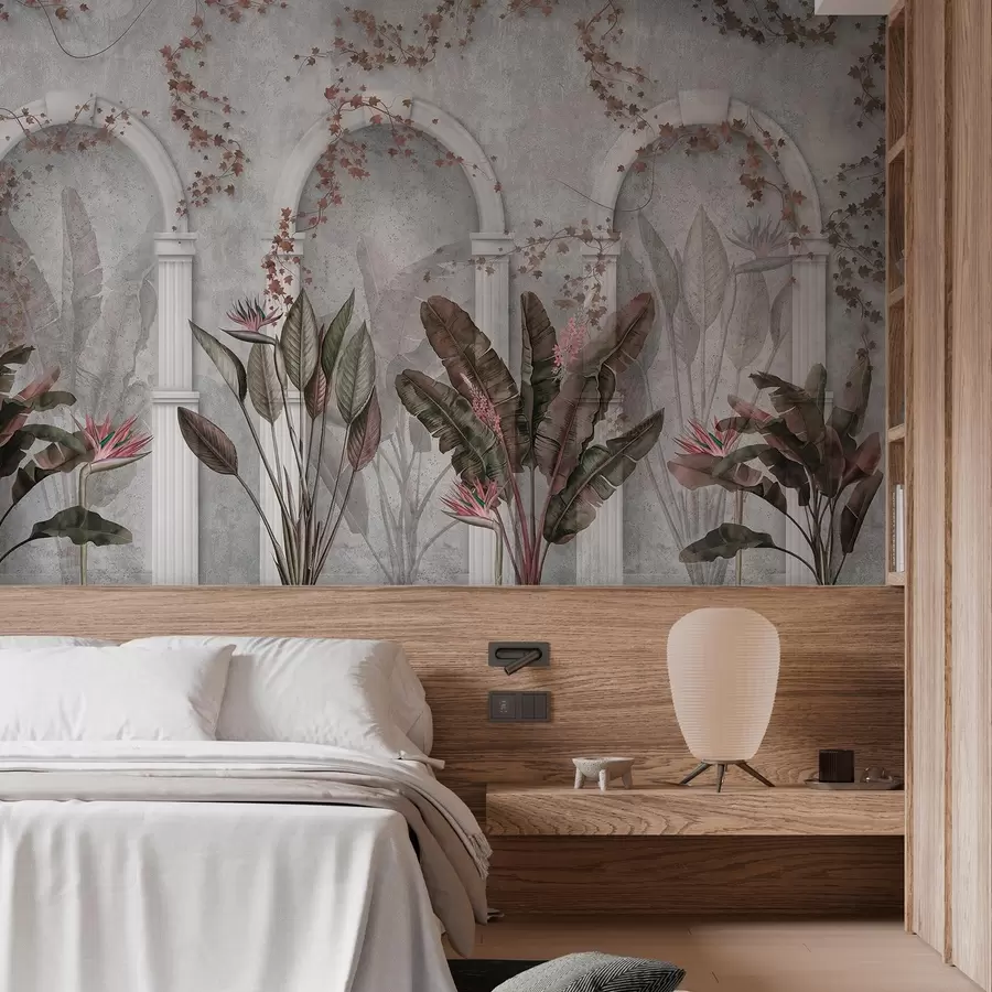 murais de parede Parede de concreto com arcos e plantas tropicais, florais, em tons de vinho w04065v1