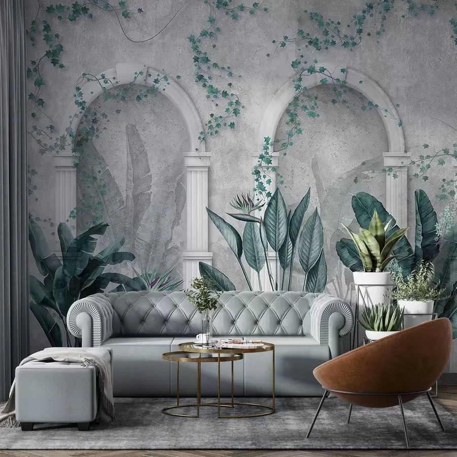 murais de parede Parede de concreto com arcos e plantas tropicais, cores florais e azuis w04065v2