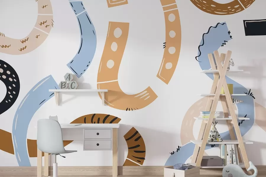 murais de parede Desenhos abstratos, juvenis, doodles, marrom, azul, rosa w04066