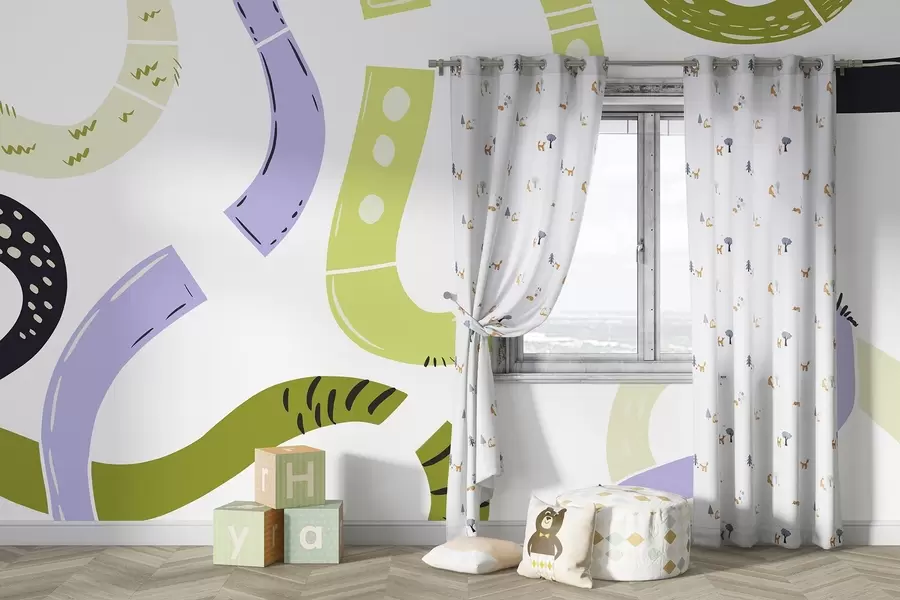 murais de parede Desenhos abstratos, juvenil, doodles, verde, roxo w04066v1