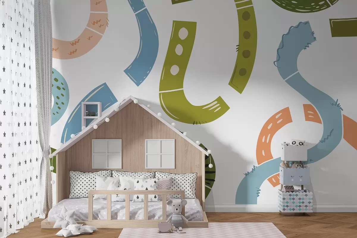 murais de parede Desenhos abstratos, juvenis, doodles, verde, azul, rosa w04066v2