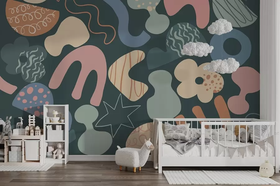 murais de parede Desenho de figuras geométricas com rabiscos, juvenil, fundo verde escuro   w04068v3