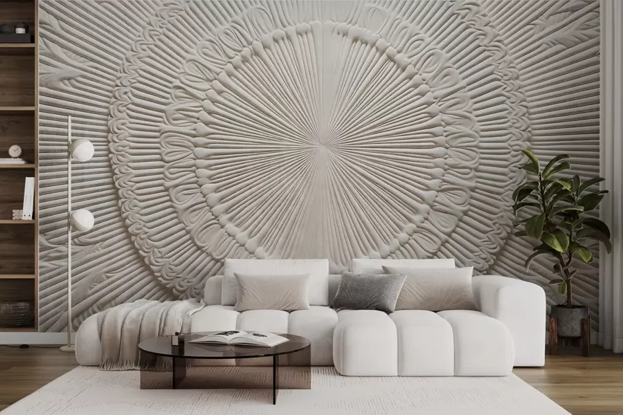 murais de parede Impressão circular abstrata texturizada com linhas radiais e elementos decorativos, design simétrico, textura em relevo w09154