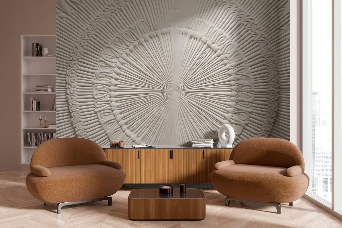 murais de parede Impressão circular abstrata texturizada com linhas radiais e elementos decorativos, design simétrico, textura em relevo w09154