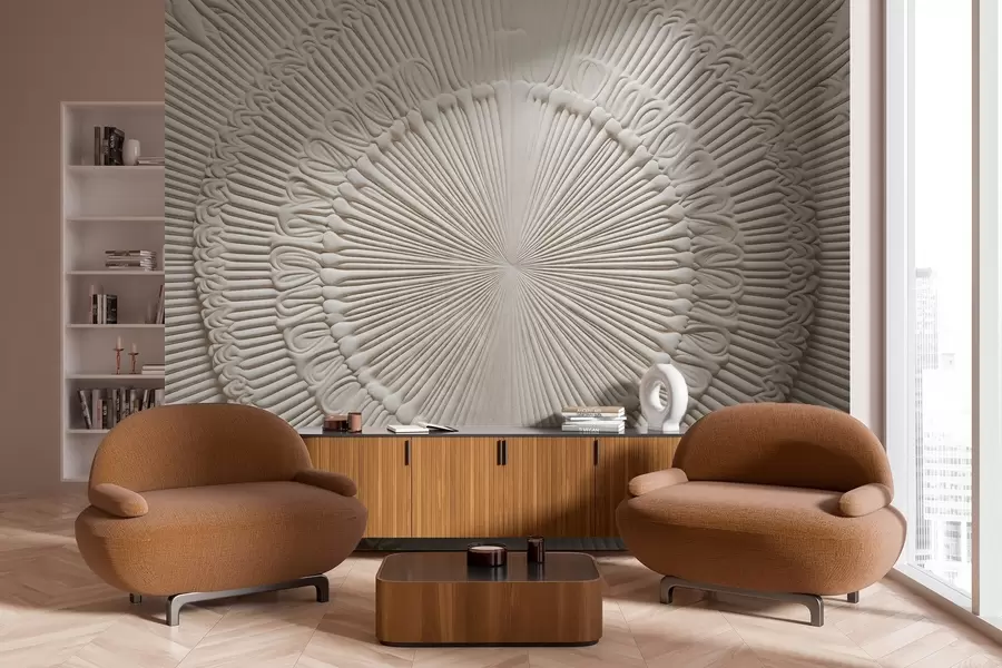 murais de parede Impressão circular abstrata texturizada com linhas radiais e elementos decorativos, design simétrico, textura em relevo w09154