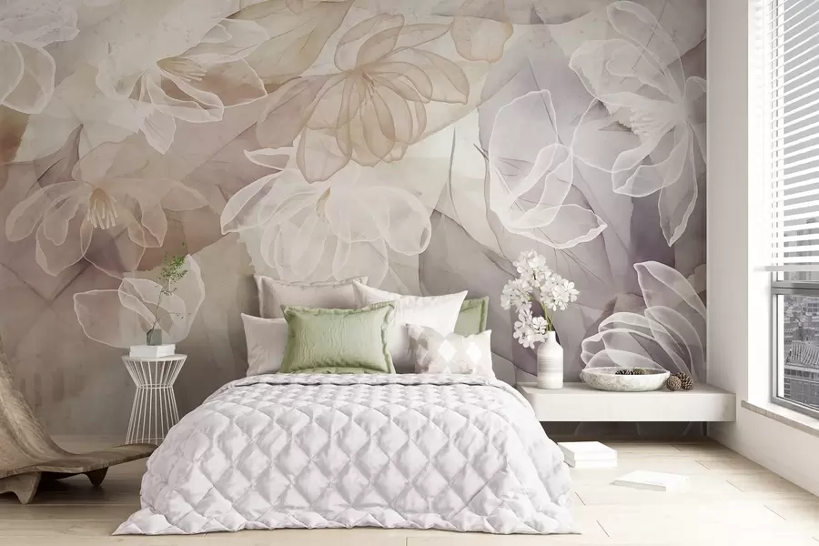 murais de parede Flores e folhas com pétalas transparentes em tons de branco, bege e roxo, suaves e delicadas w09158