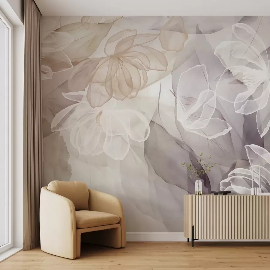 murais de parede Flores e folhas com pétalas transparentes em tons de branco, bege e roxo, suaves e delicadas w09158