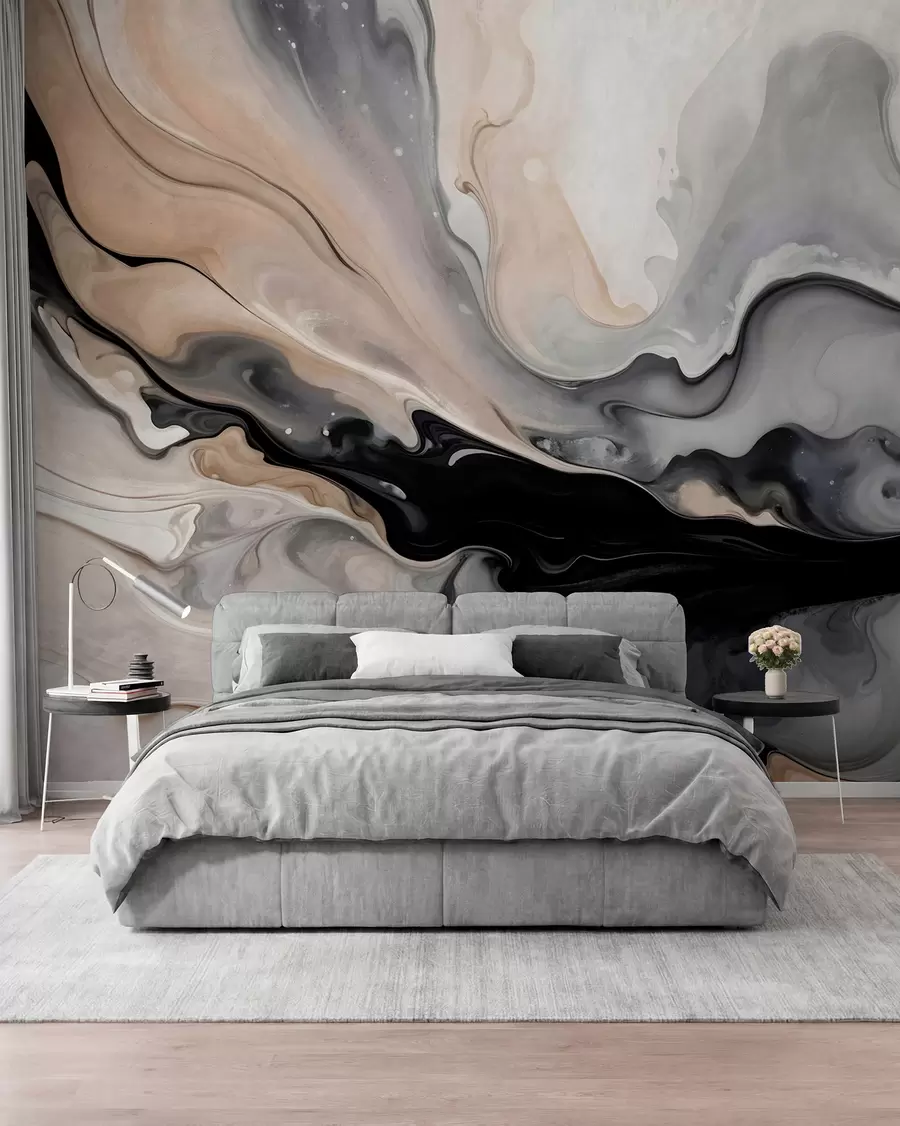 murais de parede Pintura abstrata com textura fluida em tons de preto, branco, cinza e bege imitando mármore w09160