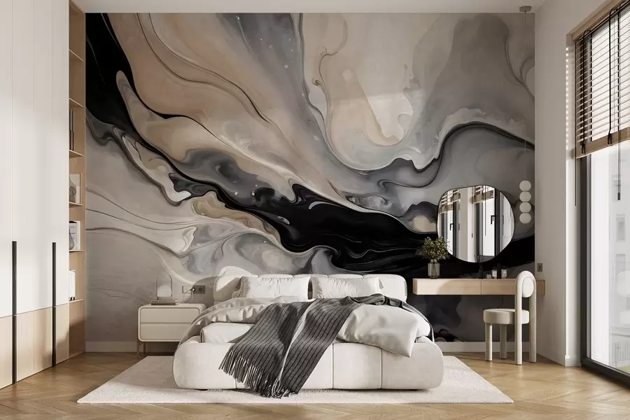 murais de parede Pintura abstrata com textura fluida em tons de preto, branco, cinza e bege imitando mármore w09160