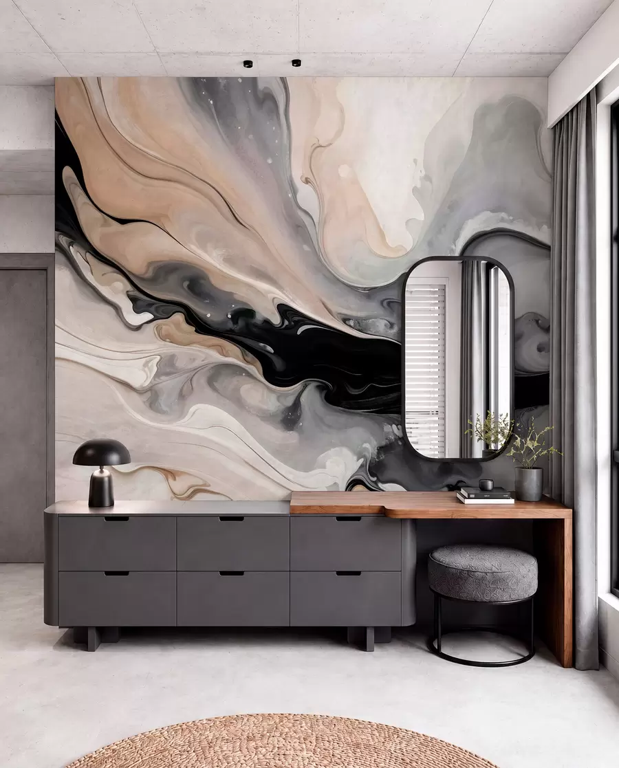 murais de parede Pintura abstrata com textura fluida em tons de preto, branco, cinza e bege imitando mármore w09160