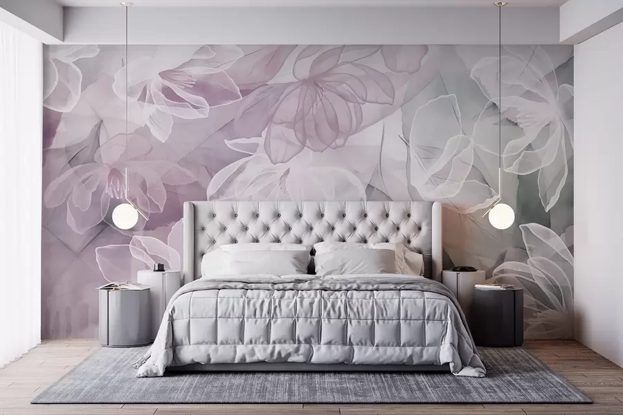 murais de parede Flores e folhas com pétalas transparentes em tons de branco, rosa e verde, suaves e delicadas w09158v1