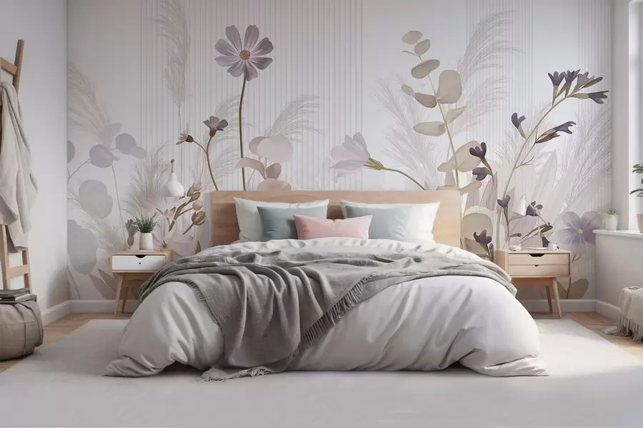 murais de parede Flores em tons pastéis, folhas marrons claras, fundo branco com linhas verticais, elegante e minimalista  w09161