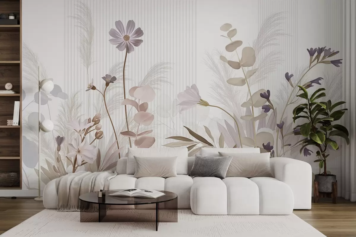 murais de parede Flores em tons pastéis, folhas marrons claras, fundo branco com linhas verticais, elegante e minimalista  w09161