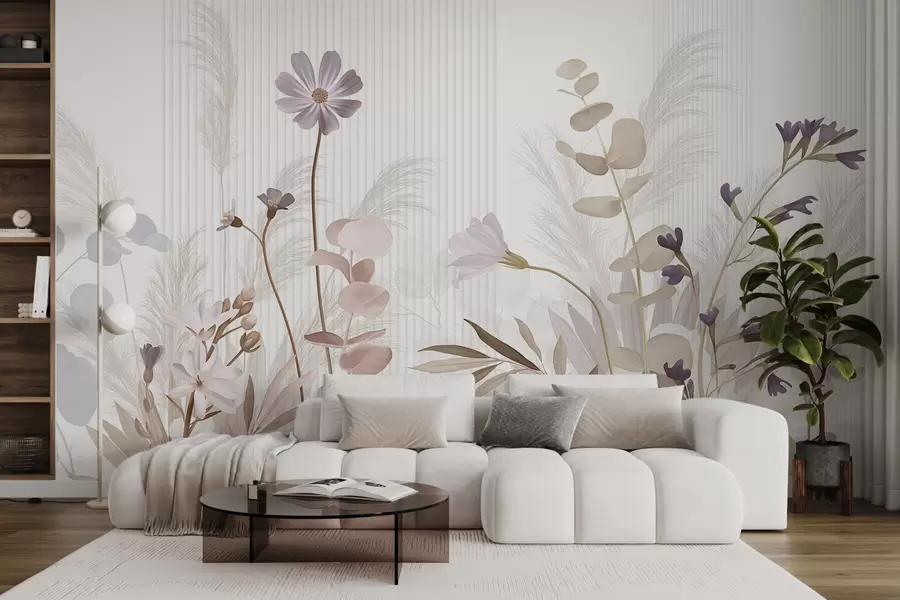 murais de parede Flores em tons pastéis, folhas marrons claras, fundo branco com linhas verticais, elegante e minimalista  w09161