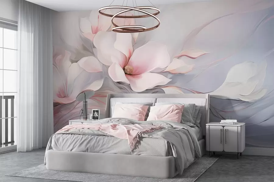murais de parede Delicadas flores de magnólia com pétalas rosa e folhas brancas, uma textura suave, linhas fluidas w09165