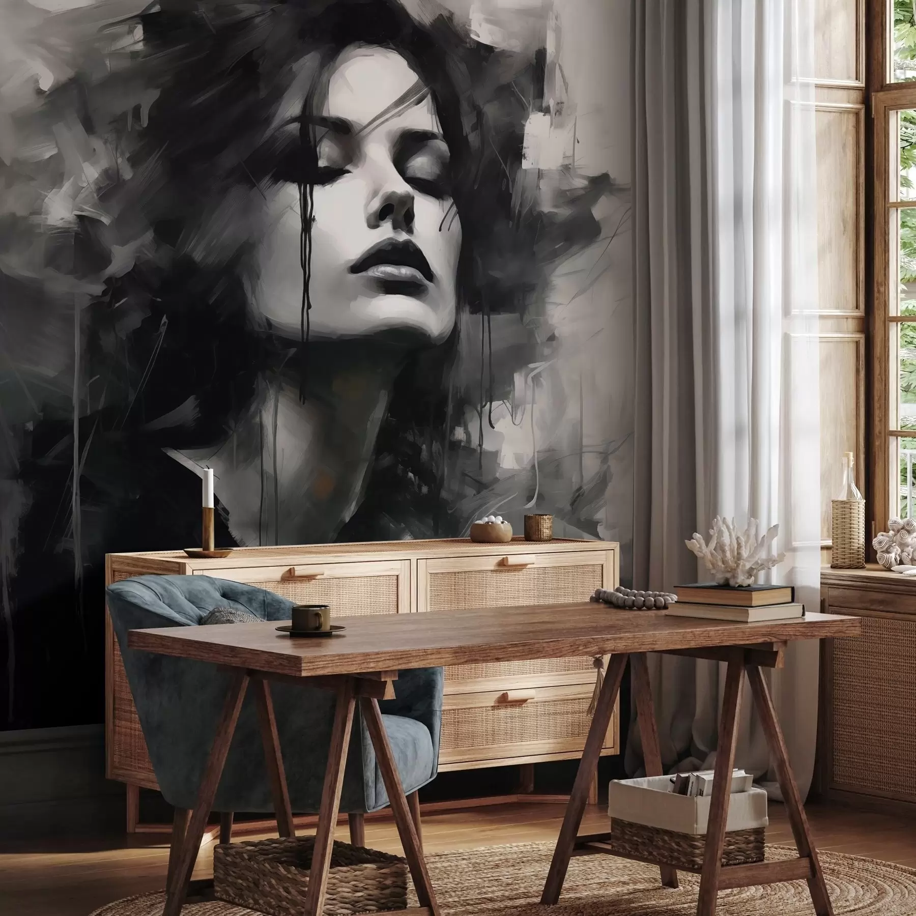 murais de parede Retrato de uma mulher vestindo roupas cinza e pretas w04049